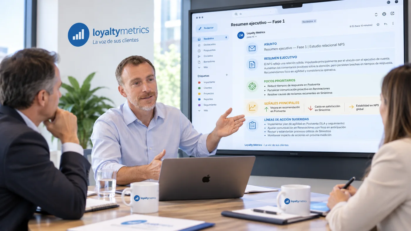 Revisión ejecutiva mensual de resultados y prioridades de clientes con Loyalty Metrics.