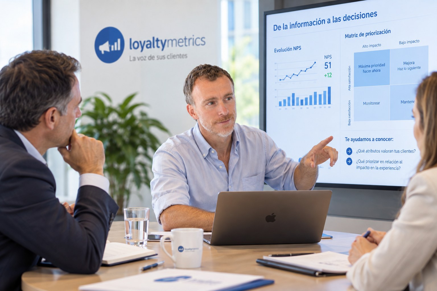 Rodrigo Edwards conversando con dos ejecutivos, revisando en pantalla la evolución del NPS y la matriz de priorización de Loyalty Metrics.